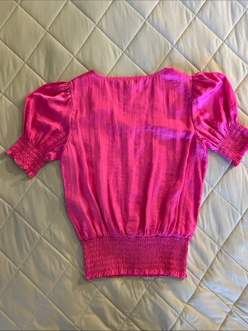 philosophy Hot Pink V-Neck Puff Sleeve Smocked Waist Blouse - Picture 2 of 5